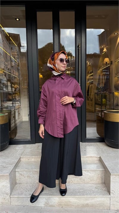 27FW205 Çift Patlı Pamuk Kadın Gömlek Bordo