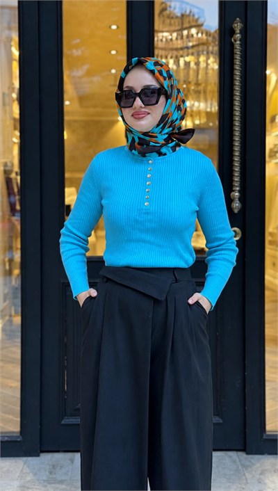 27FW229 Düğmeli Triko Kadın Bluz Mavi