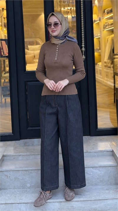 27FW229 Düğmeli Triko Kadın Bluz Taba