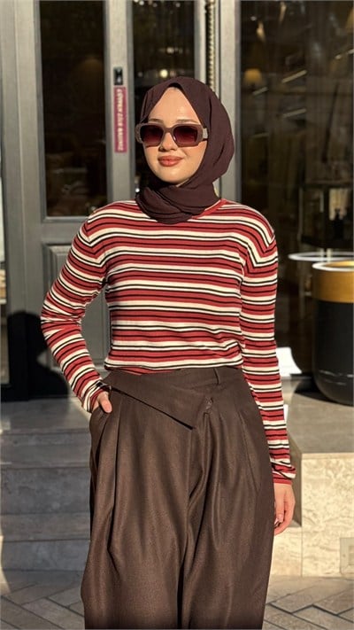 27FW233 Çizgili Kadın Pamuk Triko Kiremit