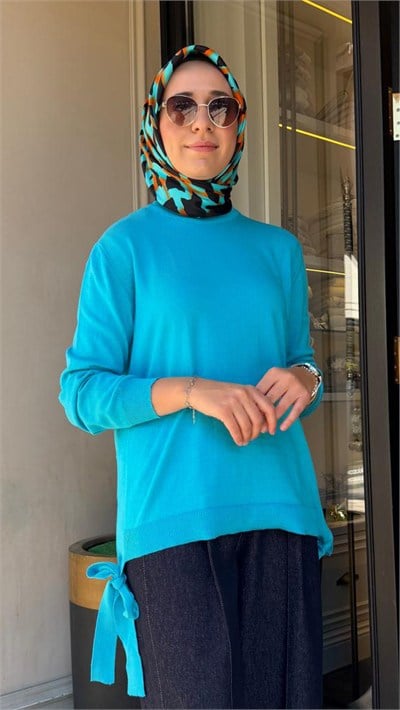 27FW234 Yandan Bağlamalı Kadın Triko Turkuaz Mavi
