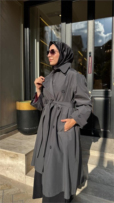 27FW601 Ekose Detay Kadın Trençkot Gri