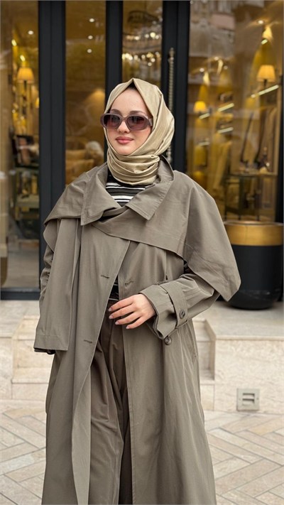 27FW622 Şal Detay Kadın Trench Haki Yeşil