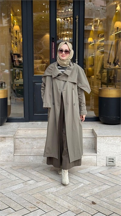 27FW622 Şal Detay Kadın Trench Haki Yeşil