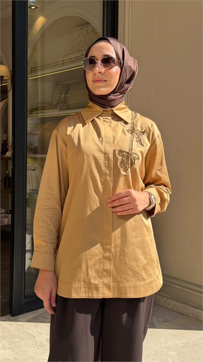 27FWGOM0008 Briony İşlemeli Kadın Gömlek Camel