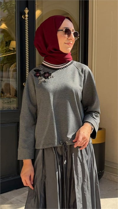 27FWSWE0013 Junni İşlemeli Kadın Sweat Gri