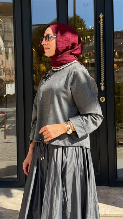 27FWSWE0013 Junni İşlemeli Kadın Sweat Gri