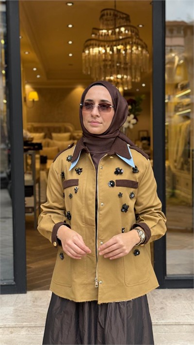 27KMHLTRN25146 Artisan Yaka Kadın Kap Camel