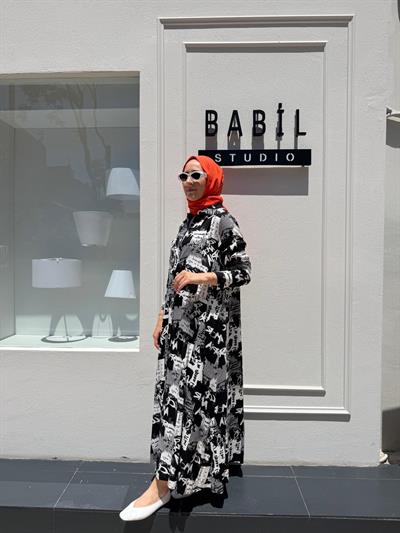 303667 Baskılı Kadın Gömlek Elbise Siyah Düz