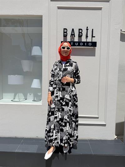 303667 Baskılı Kadın Gömlek Elbise Siyah Düz