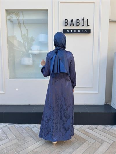 303789 Kumaş Desenli Kemerli Kadın Elbise Mavi