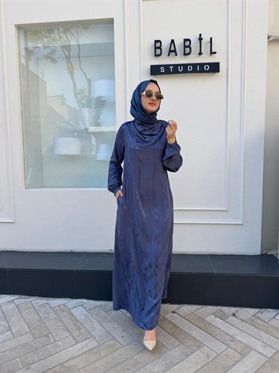 303789 Kumaş Desenli Kemerli Kadın Elbise Mavi