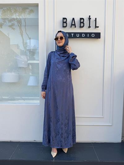 303789 Kumaş Desenli Kemerli Kadın Elbise Mavi