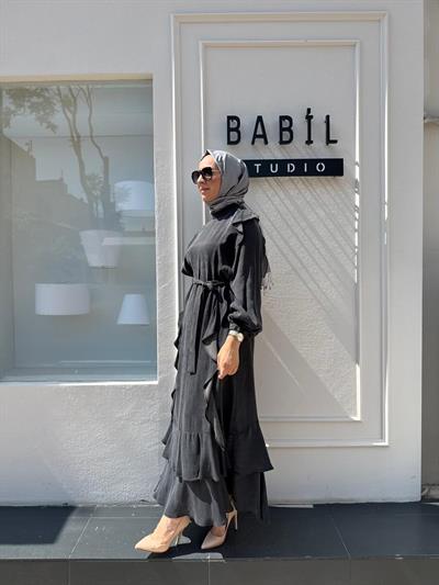 303838 Fırfırlı Düz Kadın Elbise Siyah