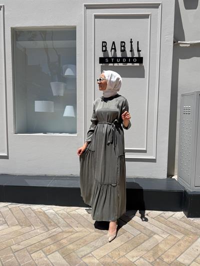 303848 Fırfır Desenli Basic İpek Elbise Yeşil