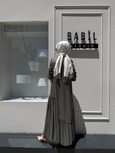 303848 Fırfır Desenli Basic İpek Elbise Yeşil