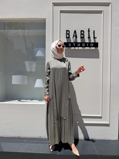 303848 Fırfır Desenli Basic İpek Elbise Yeşil