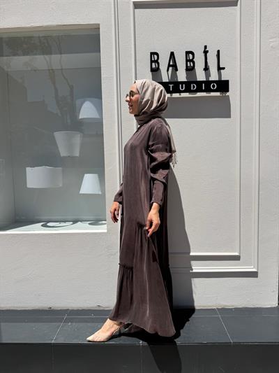 303848 Fırfır Desenli Basic İpek Elbise Kahve