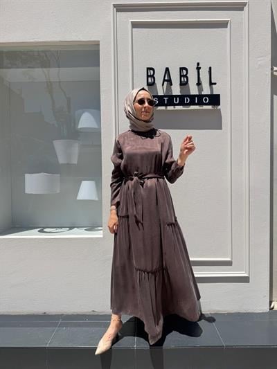 303848 Fırfır Desenli Basic İpek Elbise Kahve