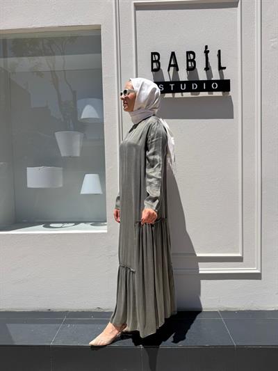 303848 Fırfır Desenli Basic İpek Elbise Yeşil