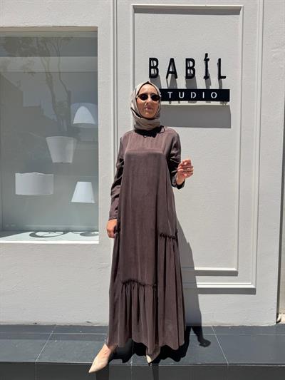 303848 Fırfır Desenli Basic İpek Elbise Kahve