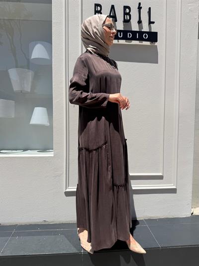 303848 Fırfır Desenli Basic İpek Elbise Kahve