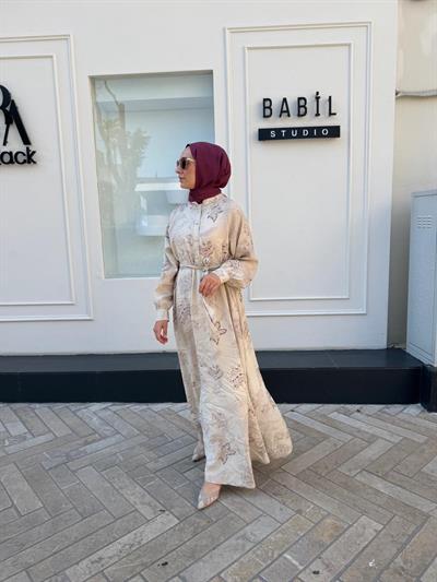 303849 Desenli Pamuk Kadın Elbise Bej