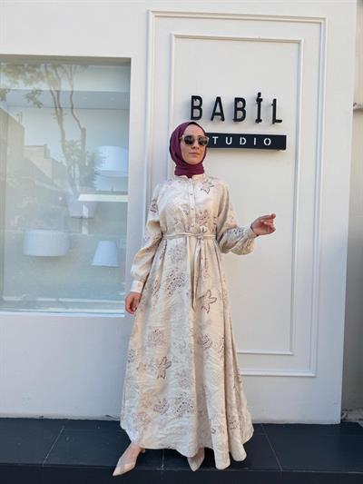 303849 Desenli Pamuk Kadın Elbise Bej