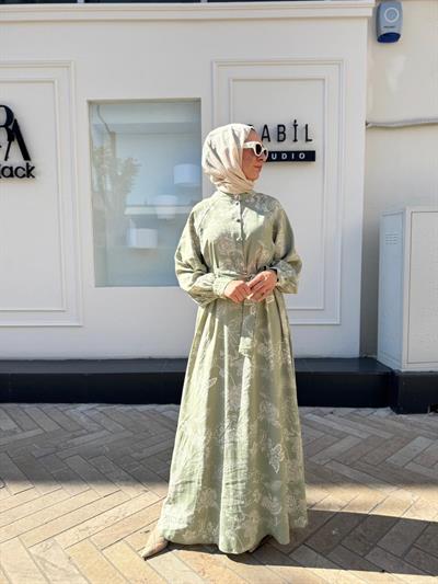 303849 Desenli Pamuk Kadın Elbise Yeşil