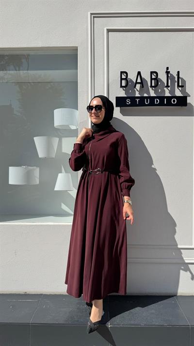 303882 Fermuar Detaylı Kemerli Kadın Kap Bordo