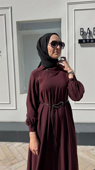 303882 Fermuar Detaylı Kemerli Kadın Kap Bordo