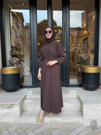 303893 Düğmeli Kadın Elbise Acı Kahve