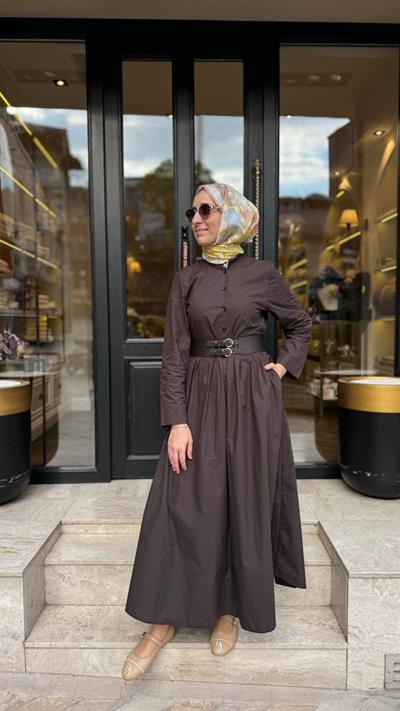 303898 Kemerli Kadın Elbise Kahve