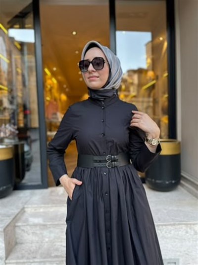 303898 Kemerli Kadın Elbise Siyah