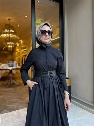 303898 Kemerli Kadın Elbise Siyah
