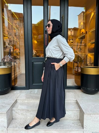 303906 Paraşüt Detay Kadın Elbise Siyah-Bej