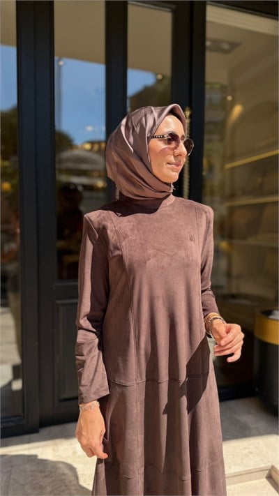 303948 - Parçalı Nubuk Kadın Elbise Acı Kahve