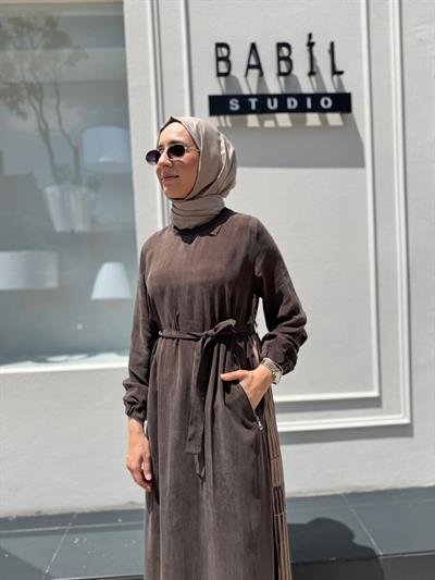 37829 Çizgi Baskılı Cupro Kadın Elbise Kahve
