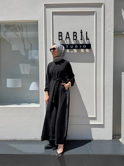 37829 Çizgi Baskılı Cupro Kadın Elbise Siyah
