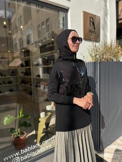 38001 Önü Parça Desenli Kadın Tunik Siyah