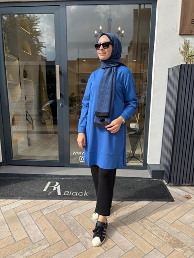 38020 Fermuar Detay Kadın Tunik Saks Mavi