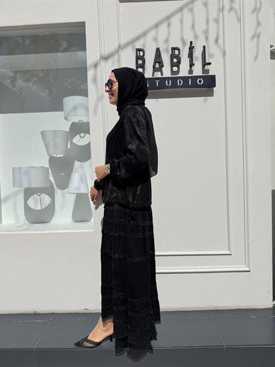 38025 Dantel Detaylı İpek Kadın Takım Siyah