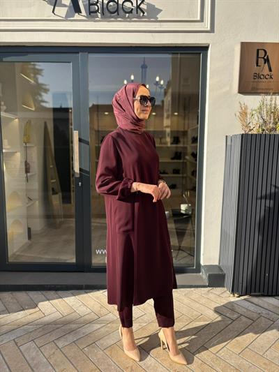 38028 Fermuar Detay Kadın Takım Bordo
