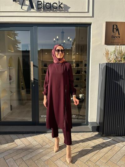 38028 Fermuar Detay Kadın Takım Bordo