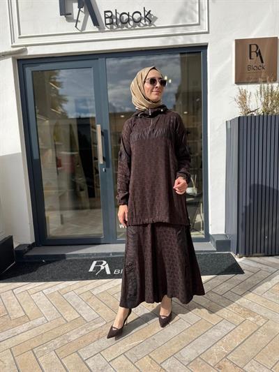 38034 Kendinden Desenli Kadın Takım Kahve
