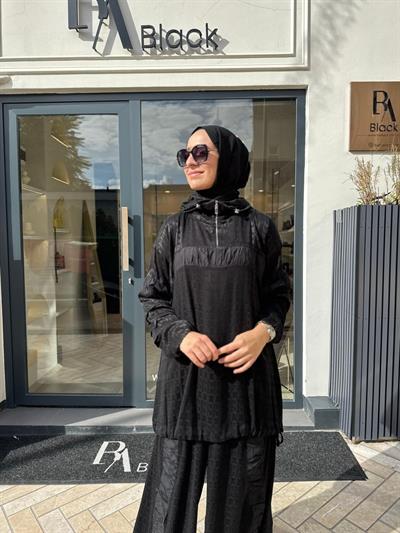 38034 Kendinden Desenli Kadın Takım Siyah