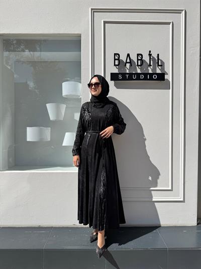 38801 Parça Desenli Kadın Elbise Siyah