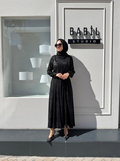 38801 Parça Desenli Kadın Elbise Siyah