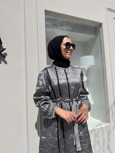 38804 Fermuar Detaylı Kırışık Kadın Elbise Gri