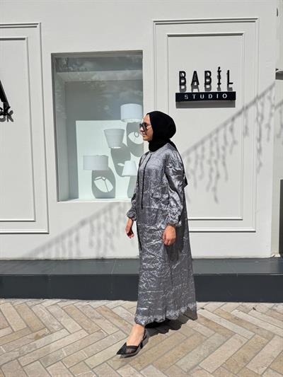 38804 Fermuar Detaylı Kırışık Kadın Elbise Gri